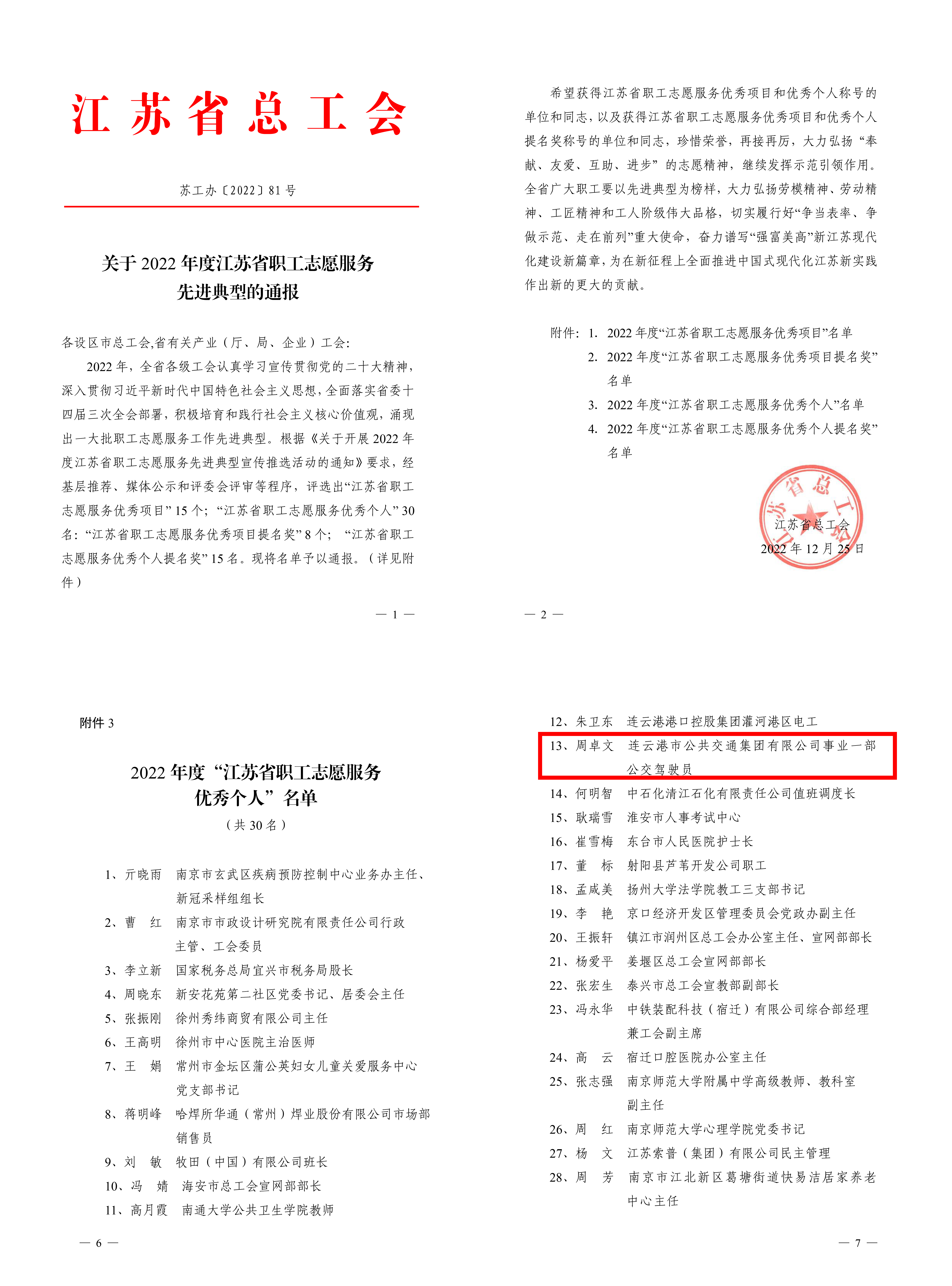 公交集團(tuán)公交事業(yè)一部駕駛員周卓文榮獲“江蘇省職工志愿服務(wù)優(yōu)秀個(gè)人”榮譽(yù)稱(chēng)號(hào)